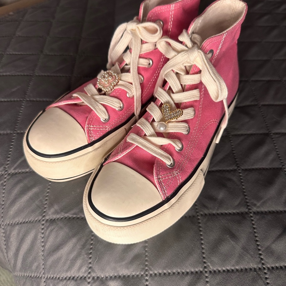 Pink High-Top Canvas Sneakers with Decorative Charms